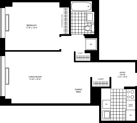 1 Bedroom NYC rental apartment floor plan at The Sierra 