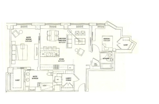 2 Bedroom floor plan 30 Lincoln Plaza rental building Upper West Side