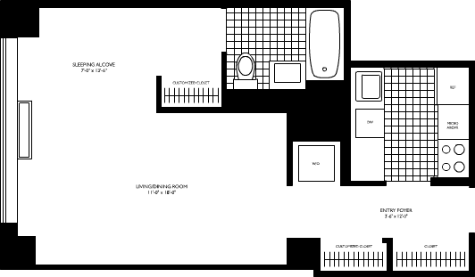Studio Alcove 130 West 15th Street apartment for rent floor plan 