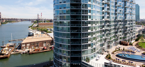 View of 45-45 Center Boulevard luxury amenities and waterfront location in Long Island City. 