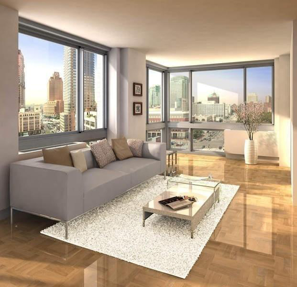 Rendering of a living room at Brooklyn Gold luxury apartments