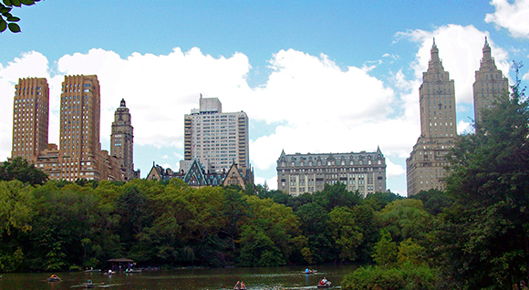 View from Central Park facing two twin-tower building designs