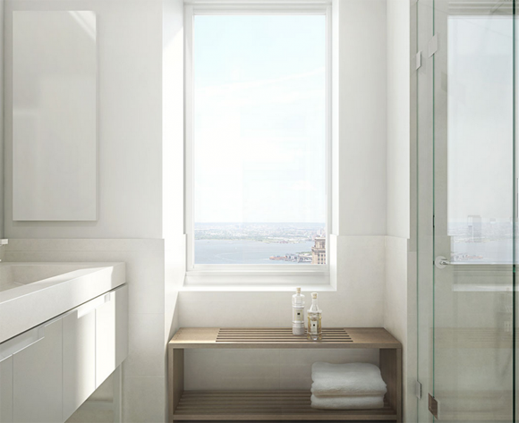 Downtown Brooklyn views as seen from a 388 Bridge Street luxury master bath