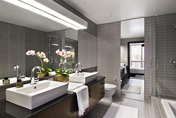 Modern master bath in Toren rental building in Downtown Brooklyn